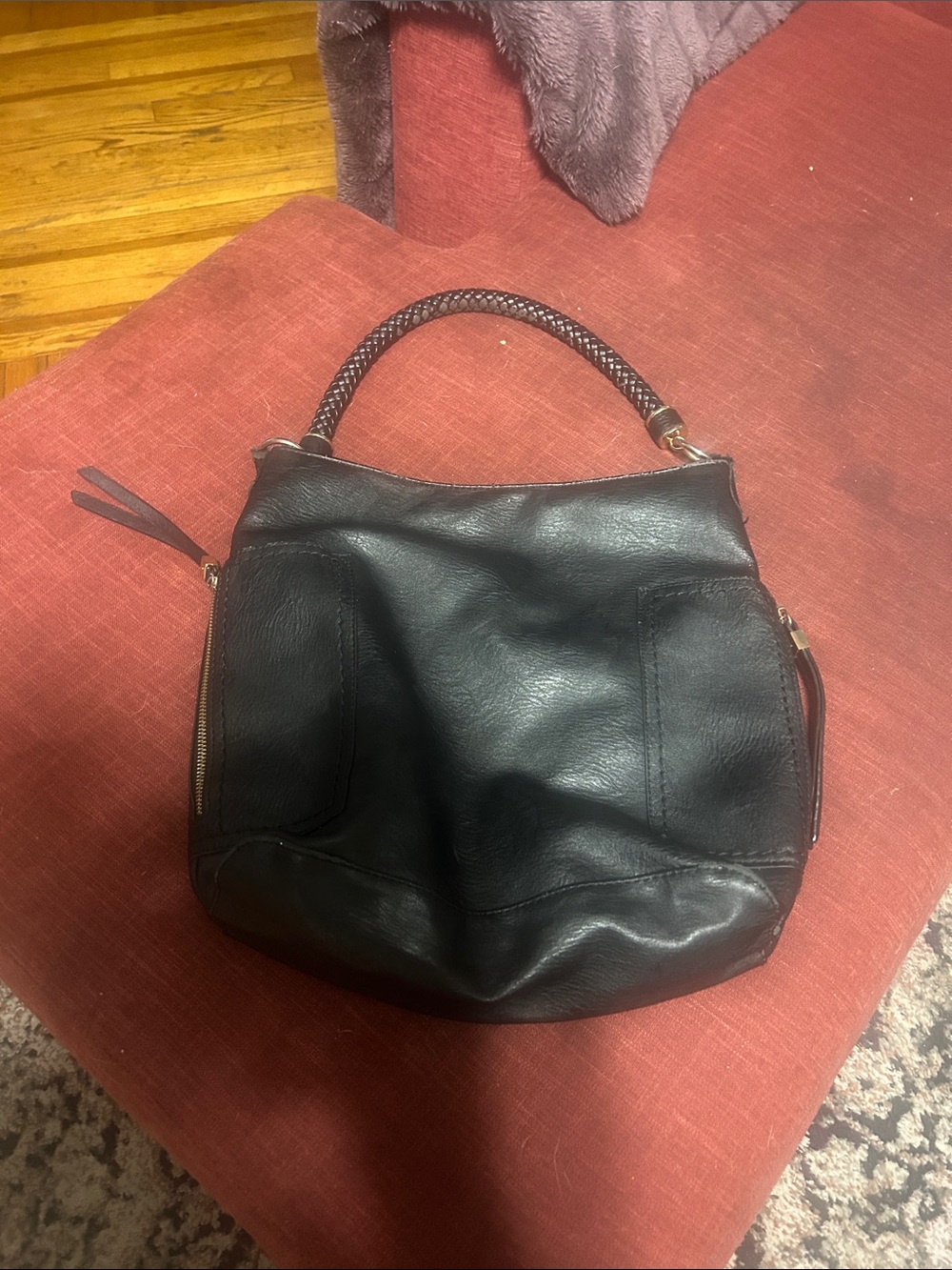 Classic Black Leather Braided-Handle Shoulder Bag